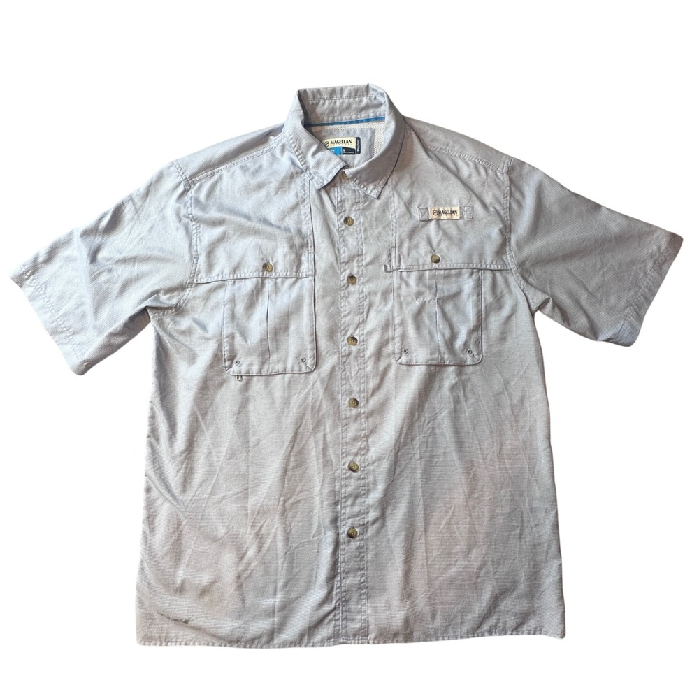 Magellan Fishing Shirt Mens L Blue Fish Gear MagWick Short Sleeve Micro-Check